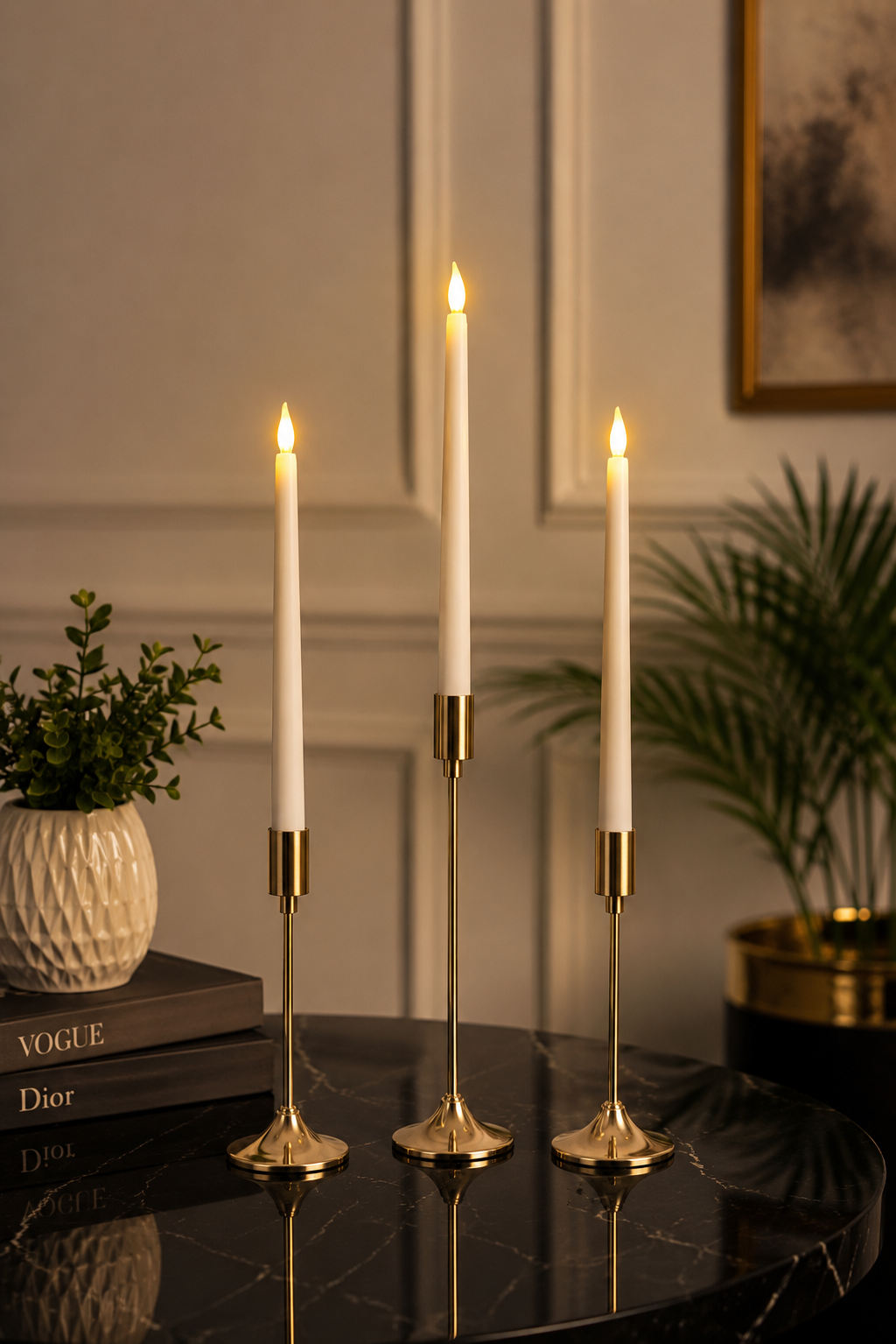 Gold Brass Taper Candle Holders with LED Flameless Candles – Set of 3