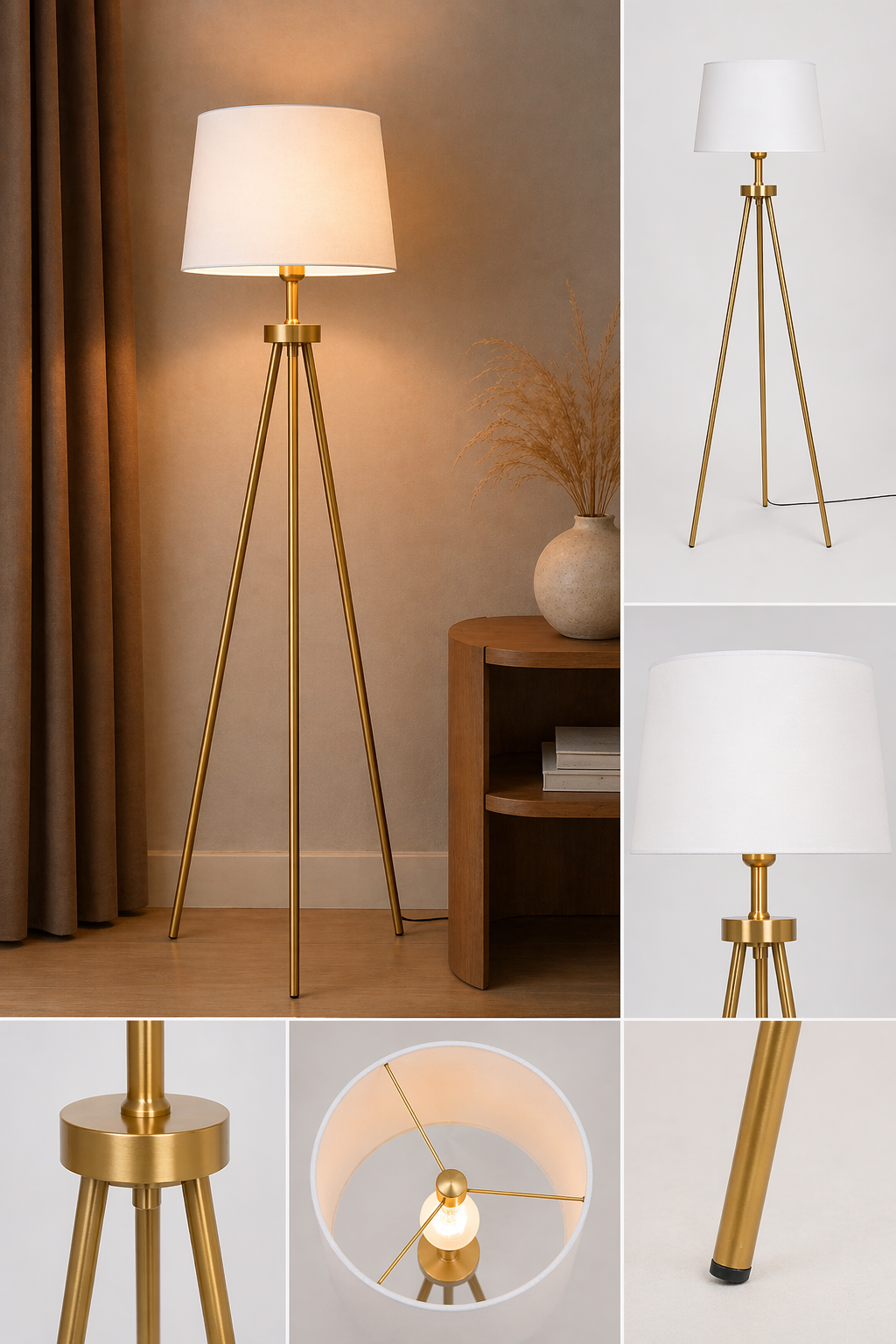 Gold Metal Tripod Floor Lamp – Brushed Brass with White Drum Shade