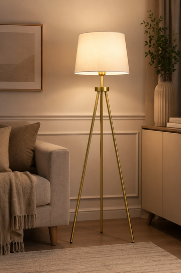 Gold Metal Tripod Floor Lamp – Brushed Brass with White Drum Shade