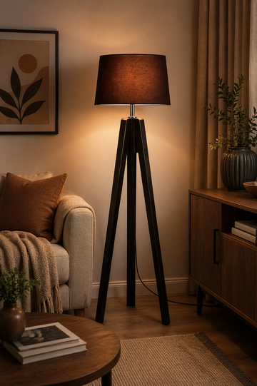 Black Wooden Tripod Floor Lamp – Scandinavian Style with Fabric Shade