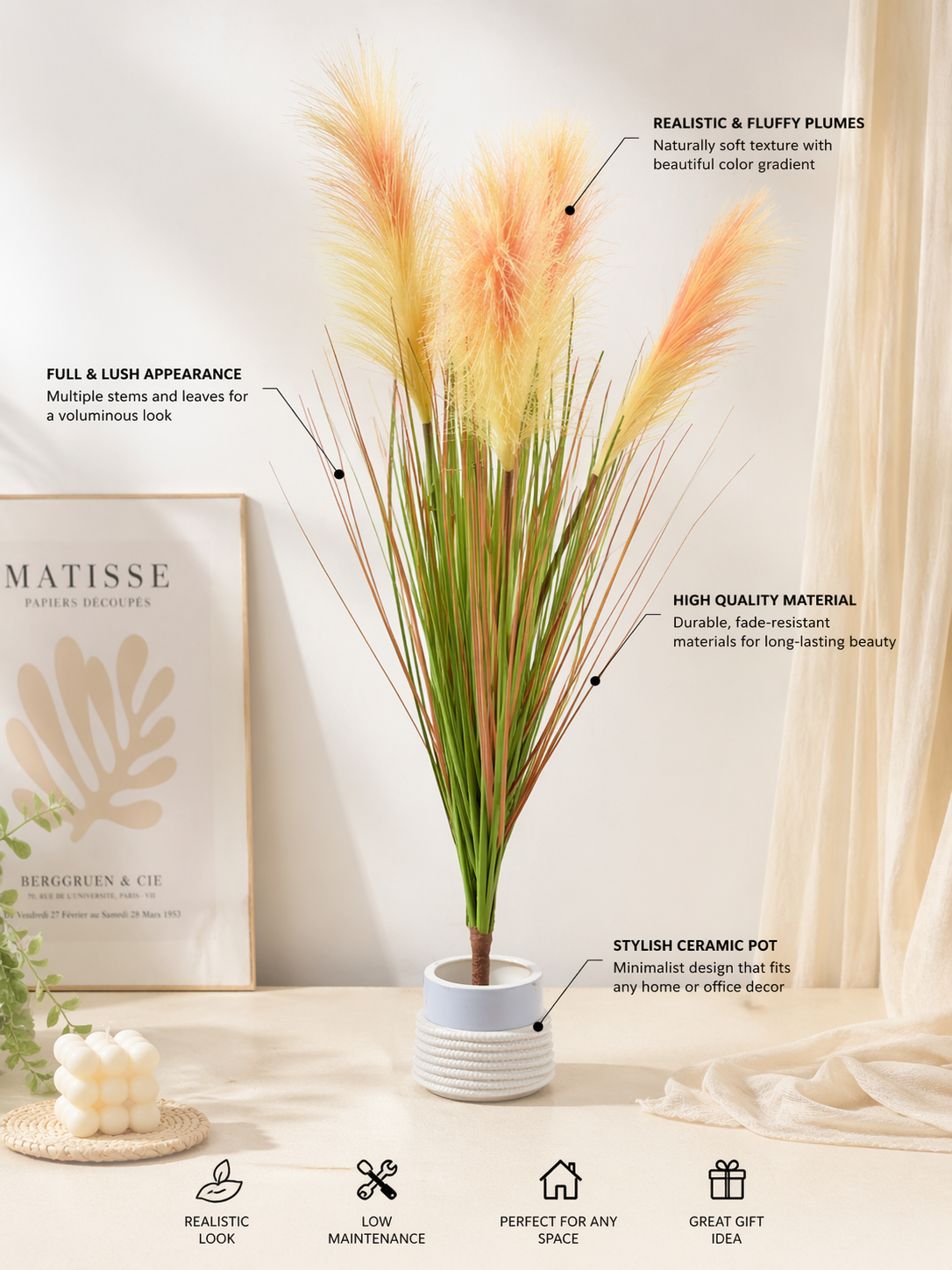 Artificial Pampas Grass with Ceramic Pot