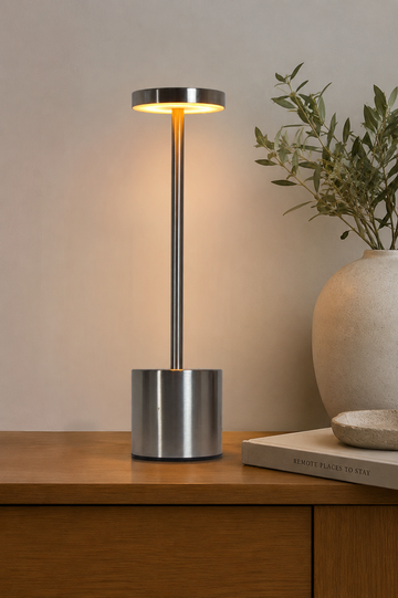 Slim Stem Cordless Table Lamp – Brushed Steel Rechargeable LED