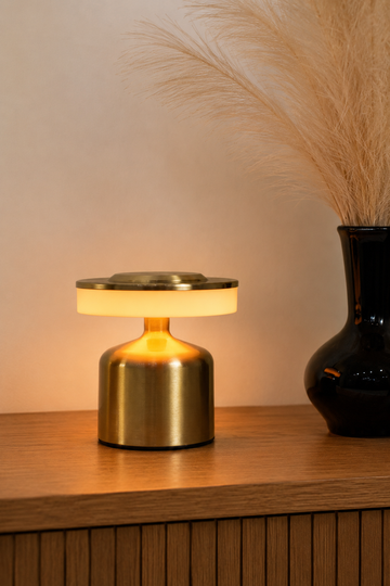 Golden Disc Cordless Table Lamp – Frosted Shade Rechargeable LED