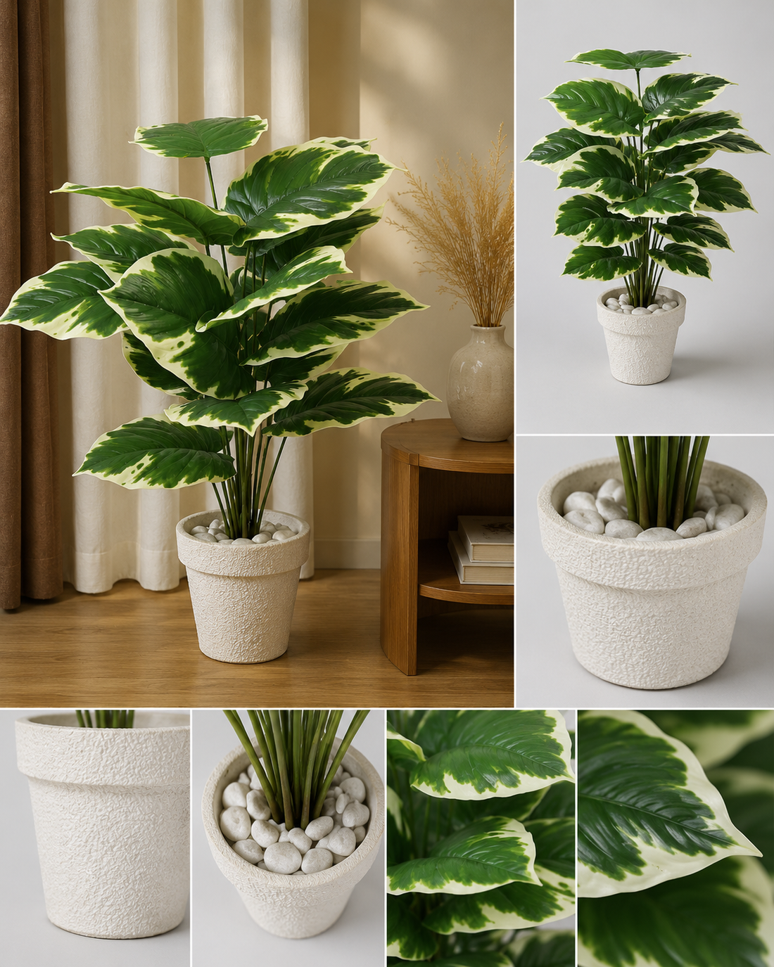 Artificial Variegated Pothos Plant – Realistic Faux Indoor Plant with White Pot