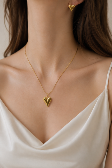 Gold Puffy Heart Jewelry Set