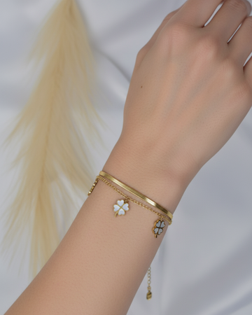 Lucky Charm Gold-Tone Double-Layer Bracelet – Herringbone & Clover