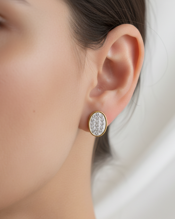 Oval Crystal Druzy Stud Earrings - Gold Frame Sparkle Jewelry